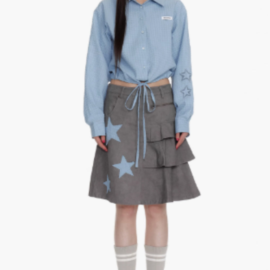 Bubble Gauze Plaid Patchwork Star Pleated Skirt For Women