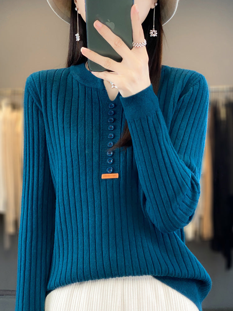 Long Sleeve Round V-neck Sweater Solid Color