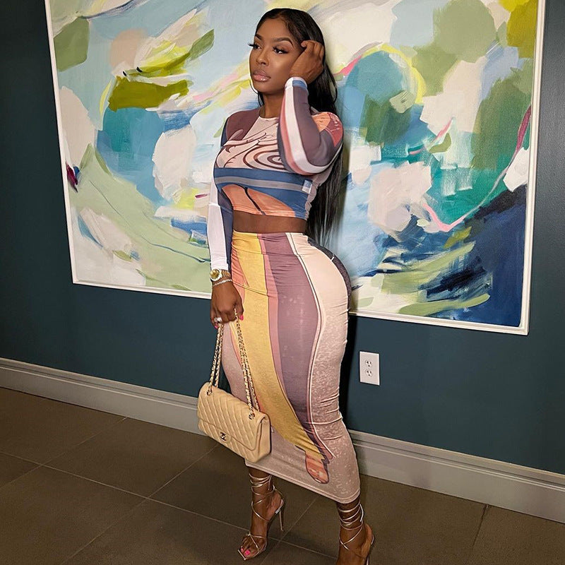 Round Neck Pullover Print Slim Skirt Suit