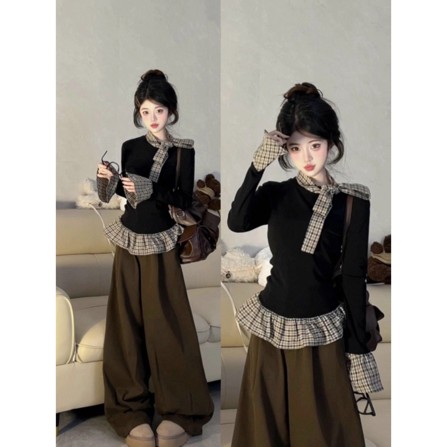 Women's Autumn Fake Two-Piece Spliced Black Base Shirt Long Sleeve T-Shirt