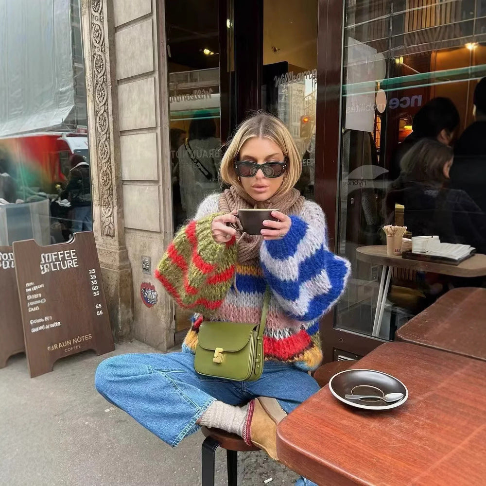 Women's Round Neck Rainbow Striped Sweater