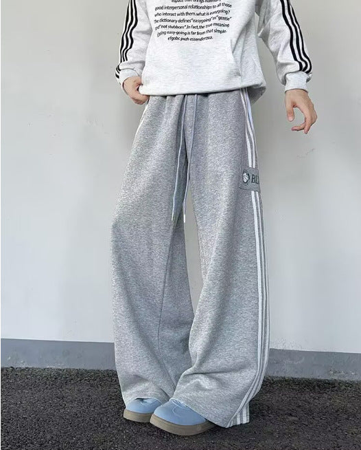 Loose Casual Side Stripe Straight Wide-leg Pants For Autumn And Winter