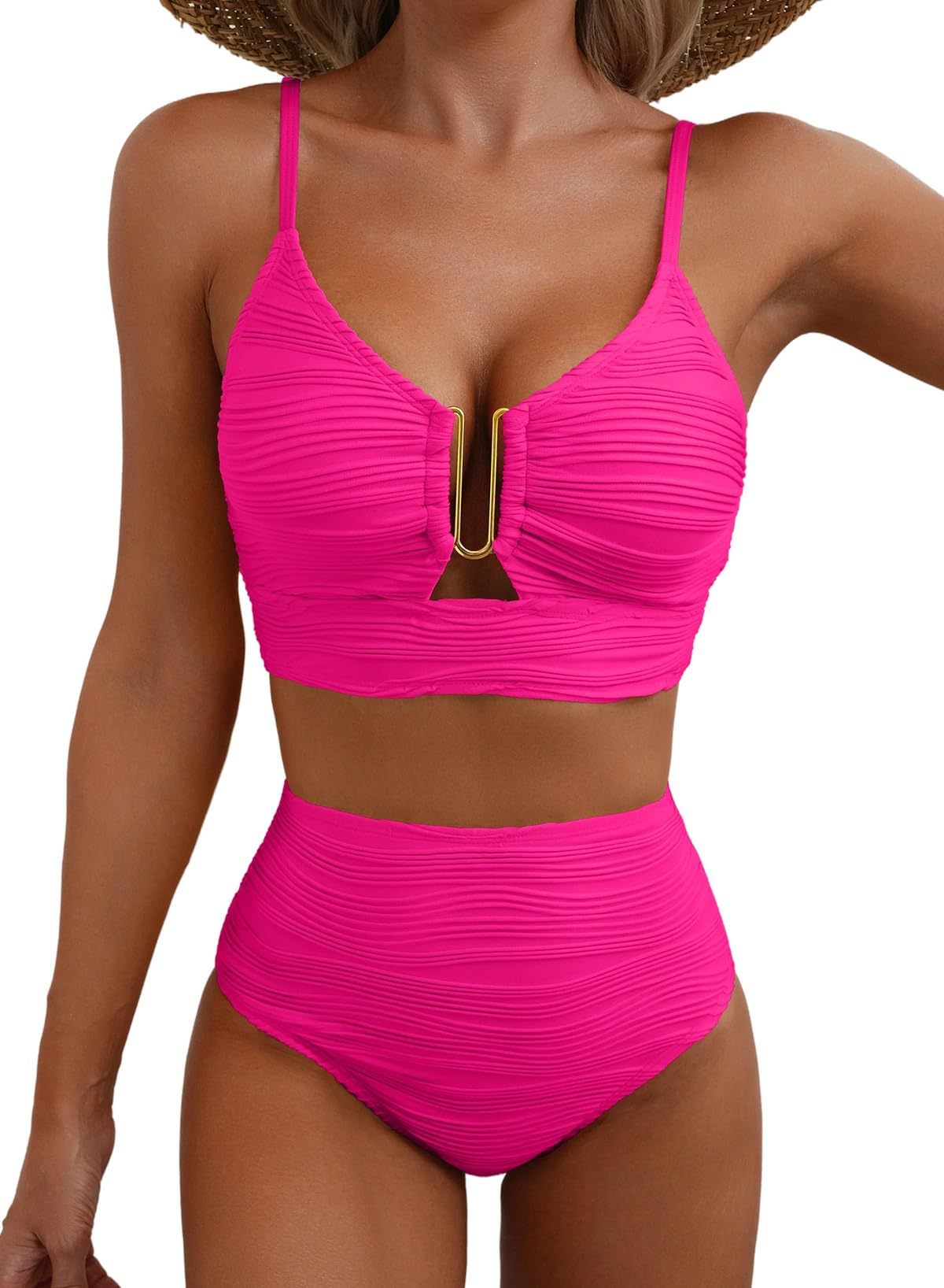New V-neck Hollow-out Bikini With High-waisted Textured Ruffle Detailing