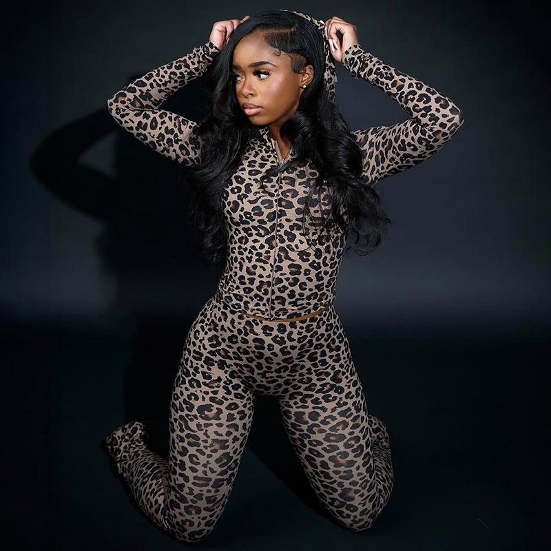 Leopard Print Sporty Slim-fit Pants Two-piece Set