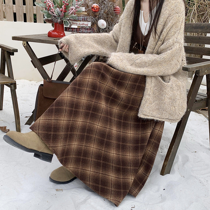 Thickened Woolen Plaid Color-blocked Long Flared Skirt