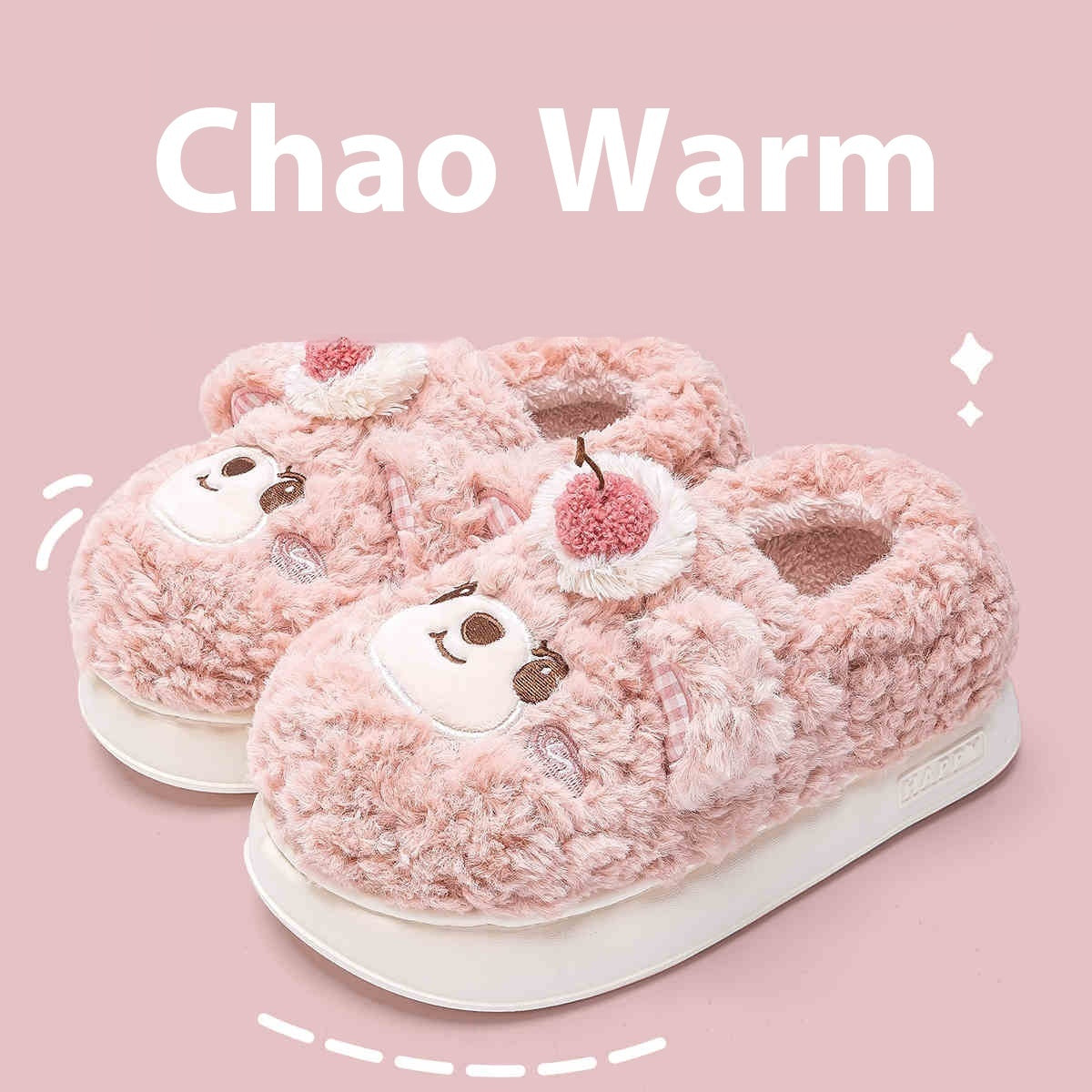 Women's Platform Heel Covered Plush Warm Cherry Bear Cotton Slippers