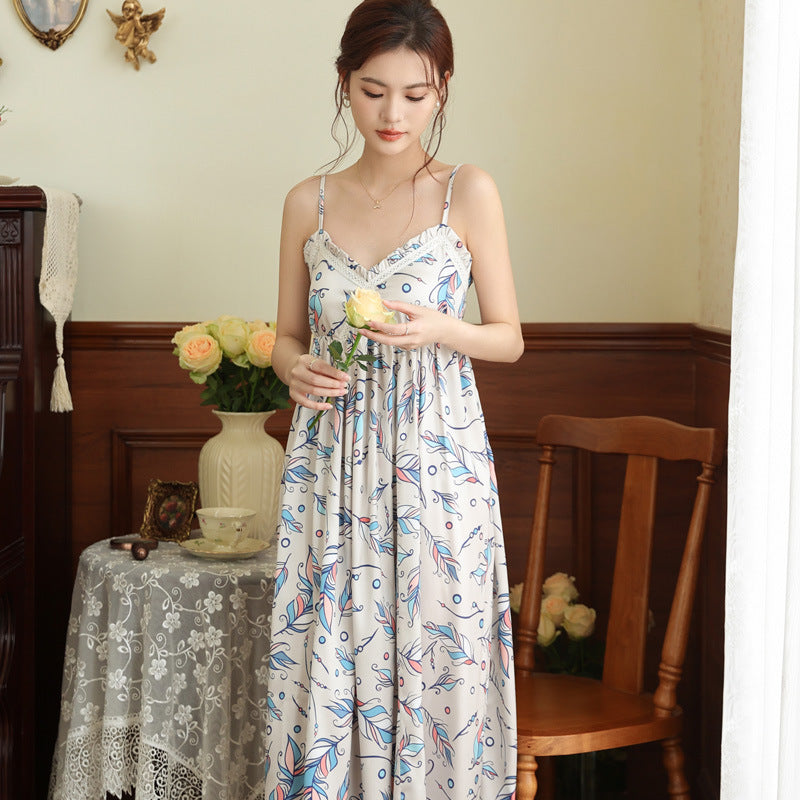 French-style Long Nightgown With Built-in Chest Pads Perfect For Wearing Outside