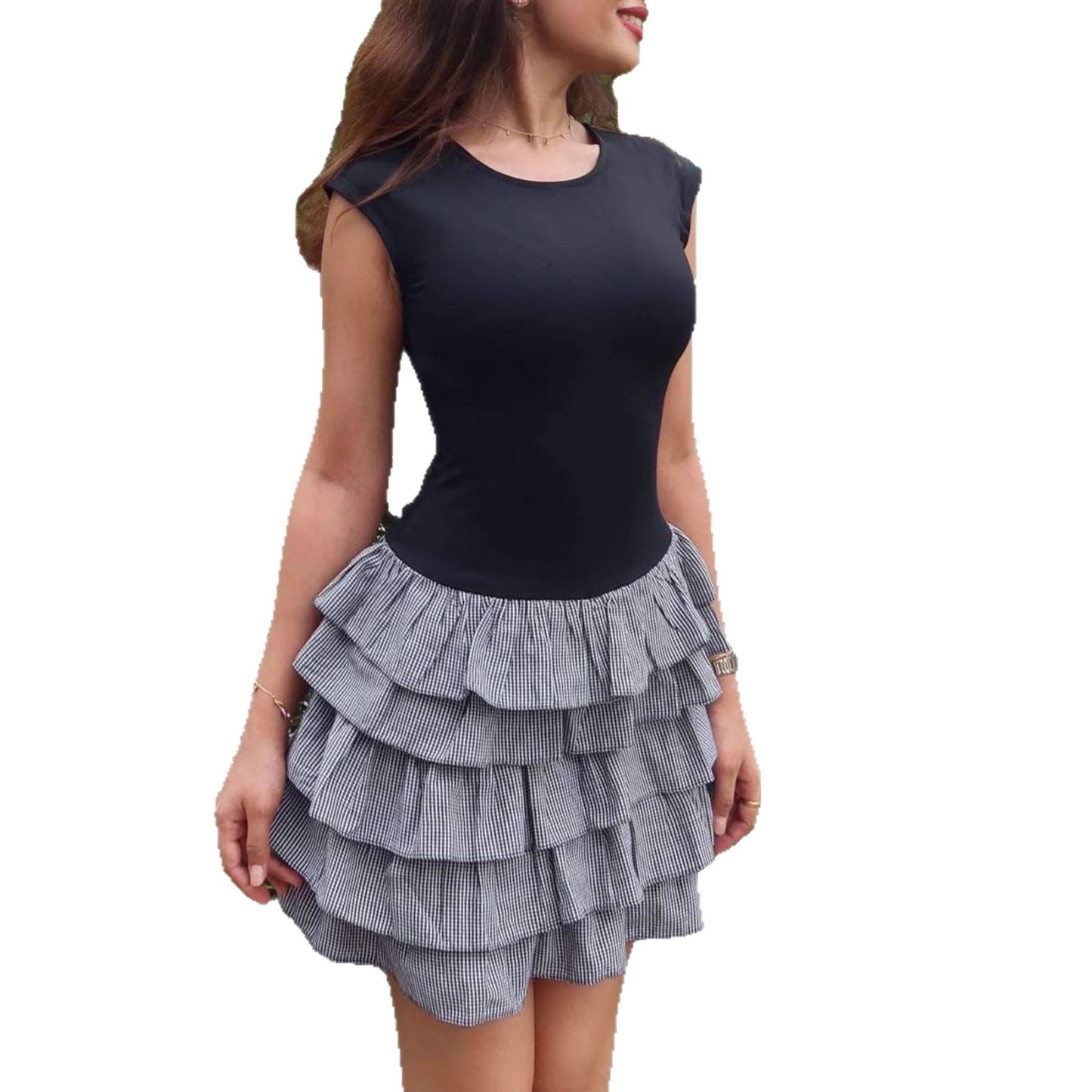 Fashionable Figure-flattering Color-blocked Multi-layer Pleated Patchwork Dress