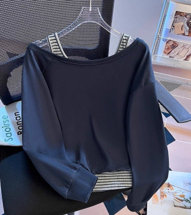 Plus size off-shoulder stribet patchwork falsk todelt sweater til kvinder – efterårsnyhed