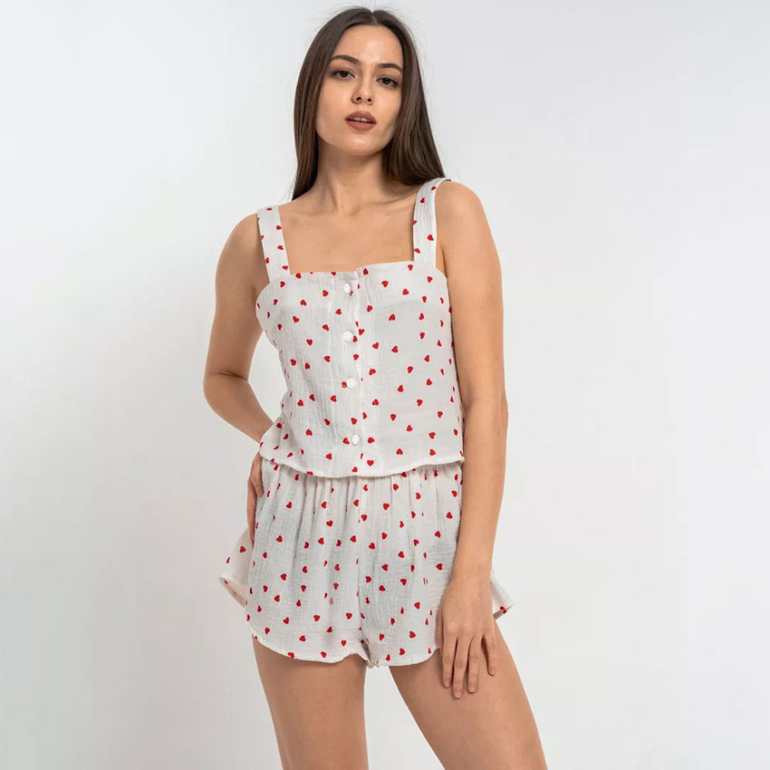 100 Cotton Designer Square-Neck Cami Top And Shorts Set With Heart Print Two-Piece Outfit