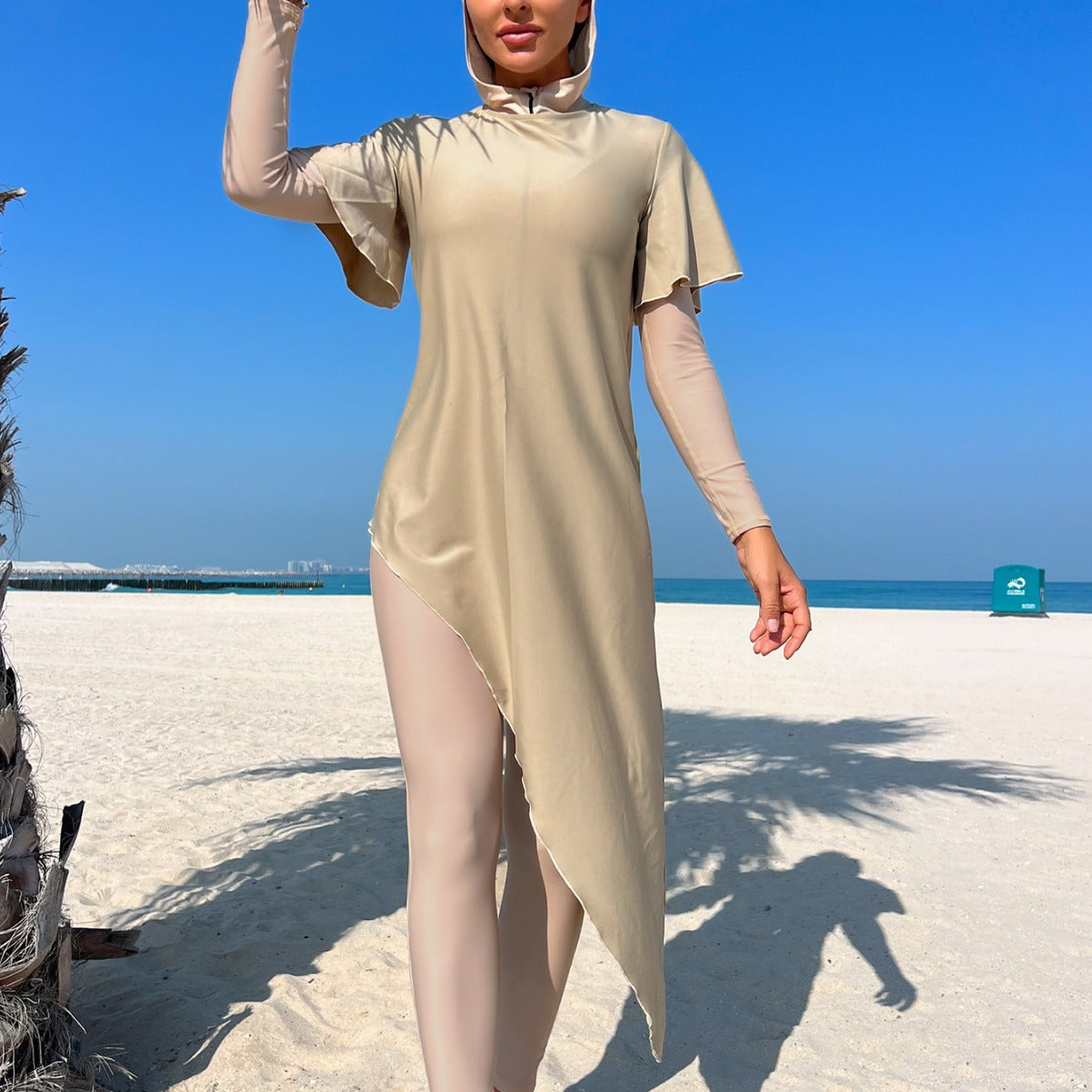Solid-color Long-sleeve Long-pants Sun-protective Beach Swimsuit Three-piece Set
