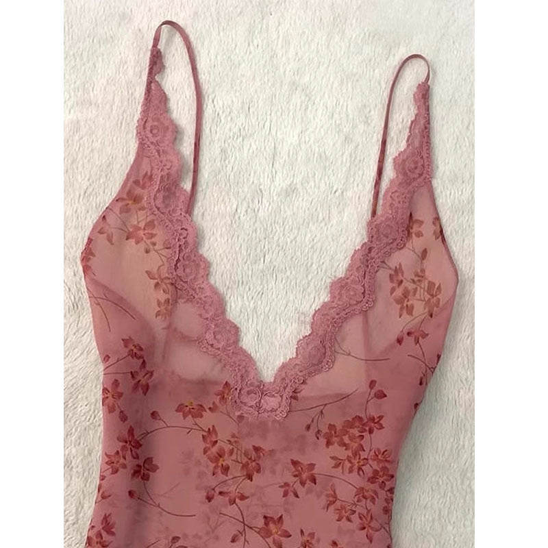 Red Lace Strap Floral Top Women's Vest