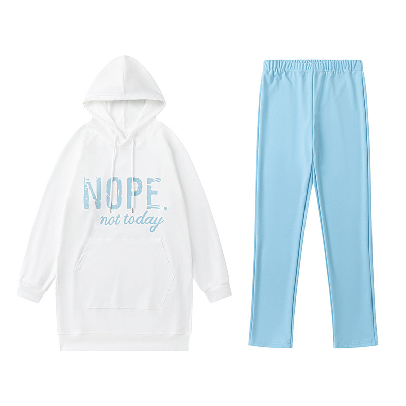 Letter Print Pocket Slit Casual Long Sleeve Hooded Casual Set