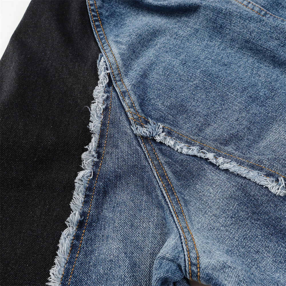 Heavy Industry Distressed Cat Raw-cut Edges Color Matching Machete Sleeve Wash Stand Collar Denim Coat