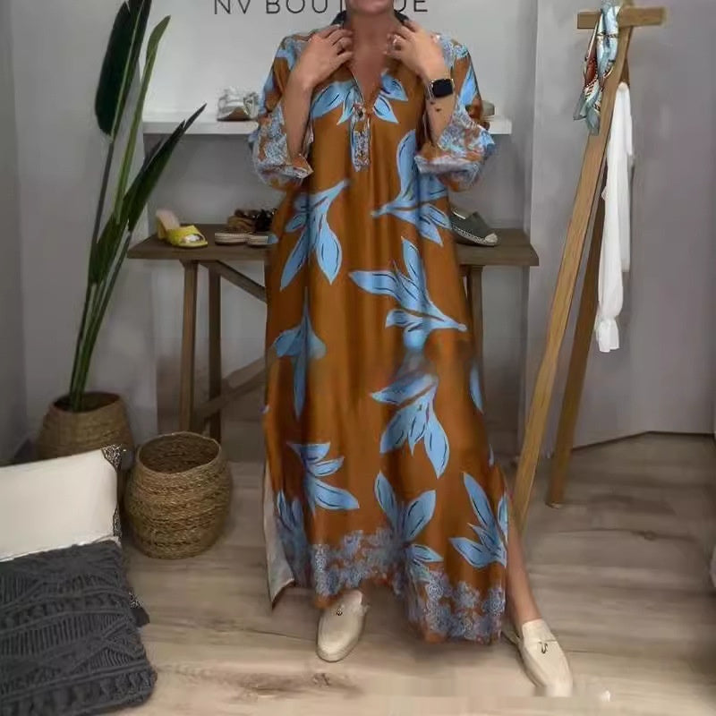 European And American Women's Clothing Spring And Autumn Sexy V-neck Plant Print Long Sleeve Dress