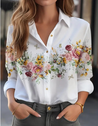 Women's Color Matching Printed Long-sleeved Lapel Button Shirt