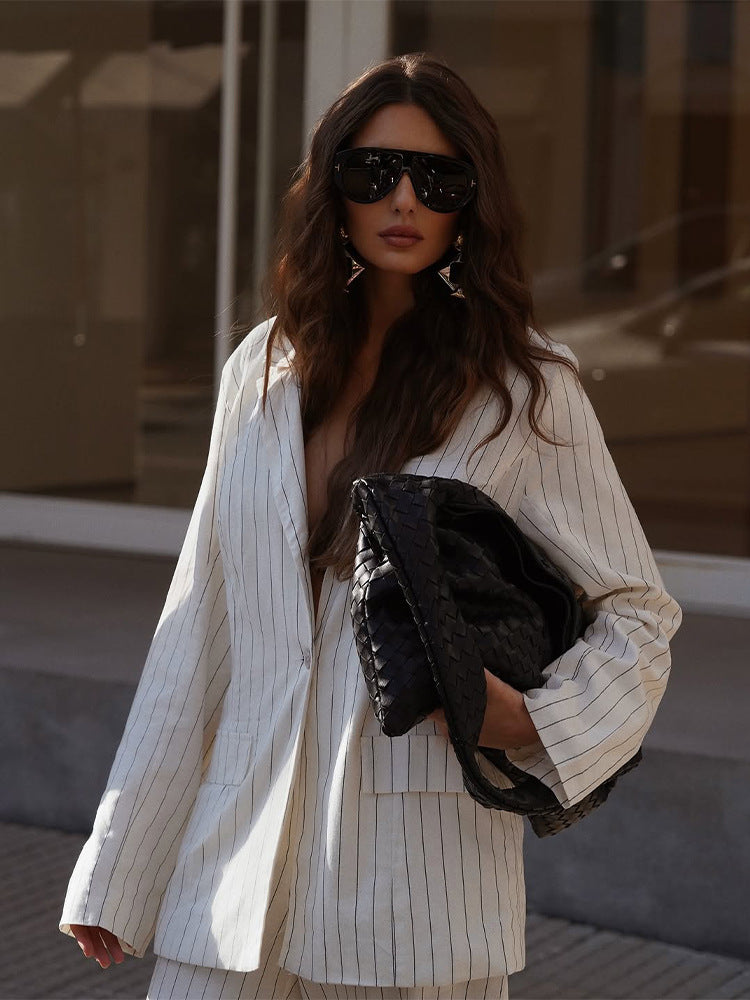 Casual, Stylish, Professional Striped Blazer And Pants Set With A High-end Finish