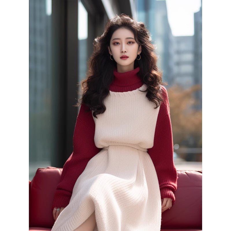 Temperament New Year Red Patchwork Dress Women Autumn Winter