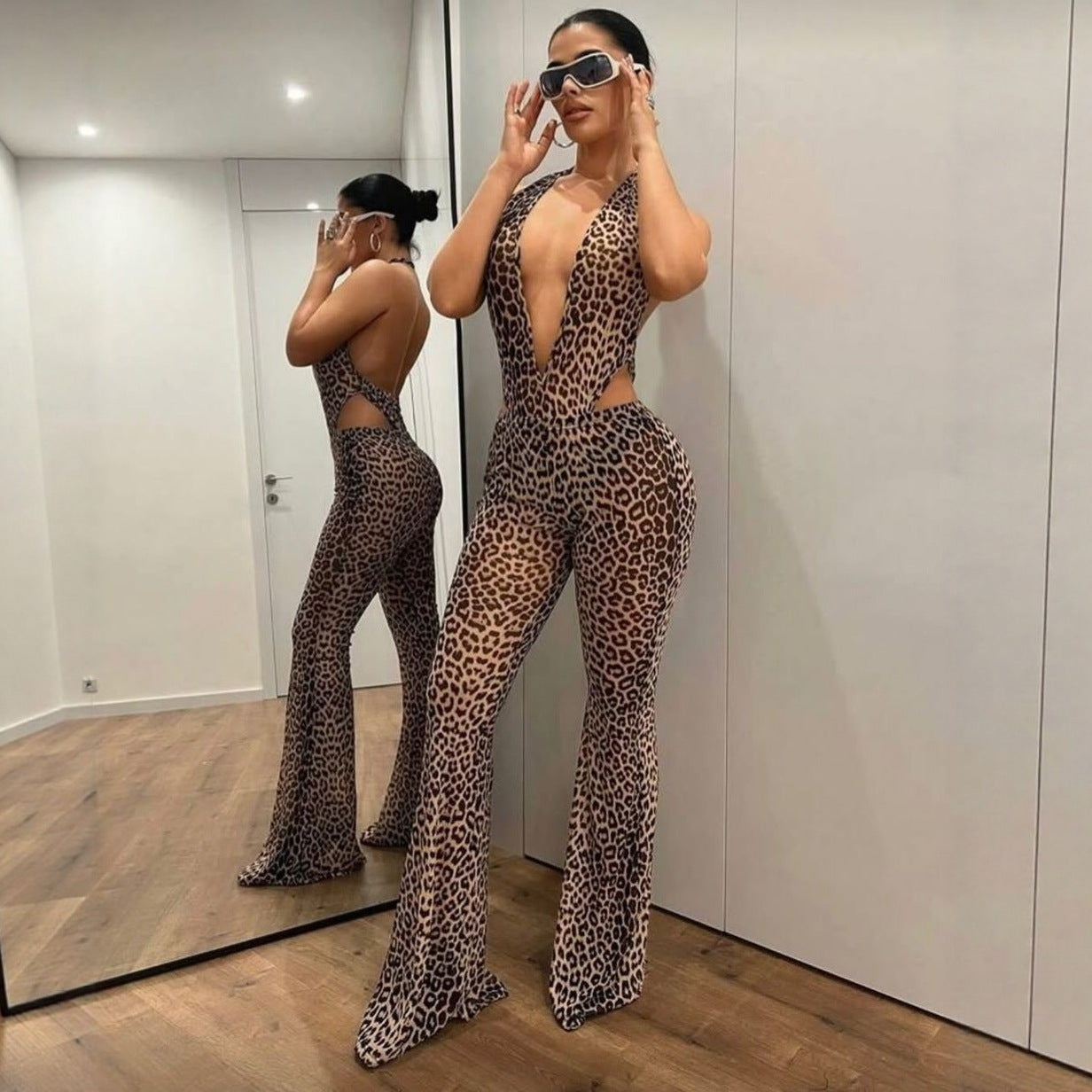 INS Leopardprint Kropsnær Sexet Rygløs Halterneck Dybt-V Top Med Flared Jumpsuit Bukser