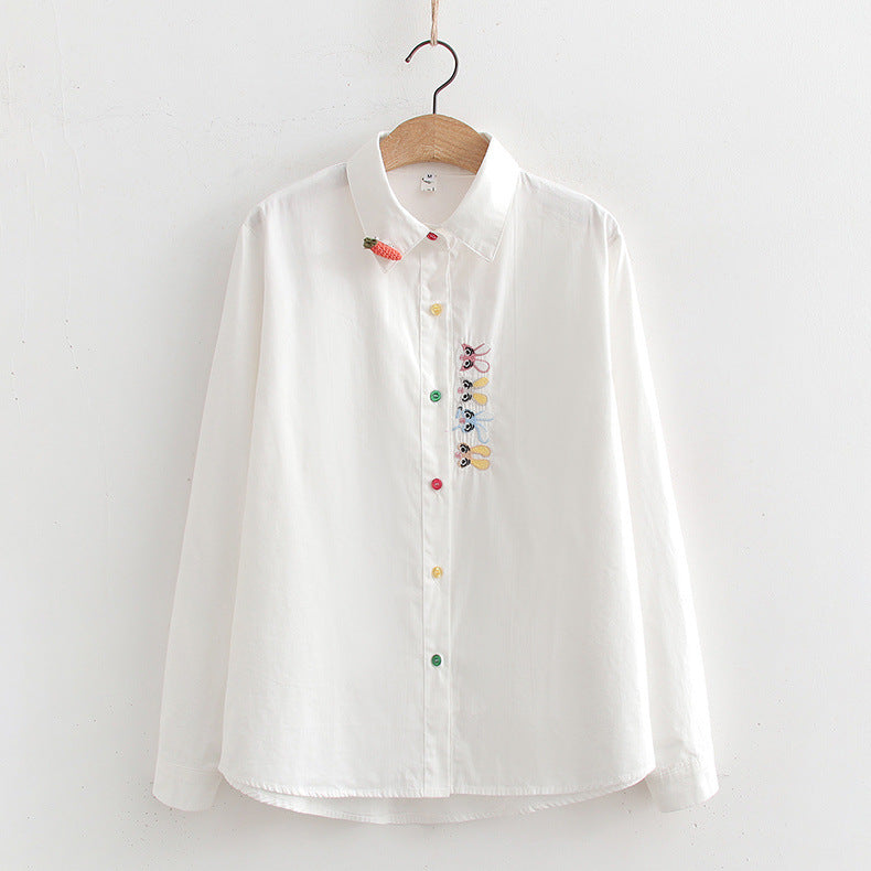 Women's Embroidered Rabbit Radish Shirt With Placket