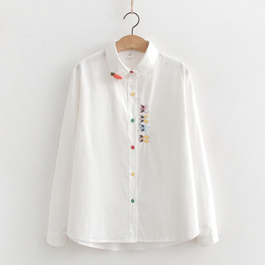 Women's Embroidered Rabbit Radish Shirt With Placket