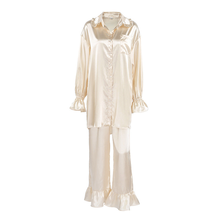 Womens Flounce-Trimmed Loose Long-Sleeve Top And Pants Two-Piece Set