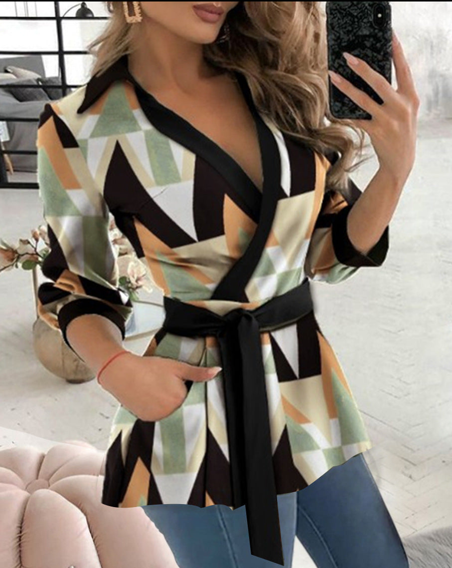 Printed Long Sleeve V-neck Belt Shirt