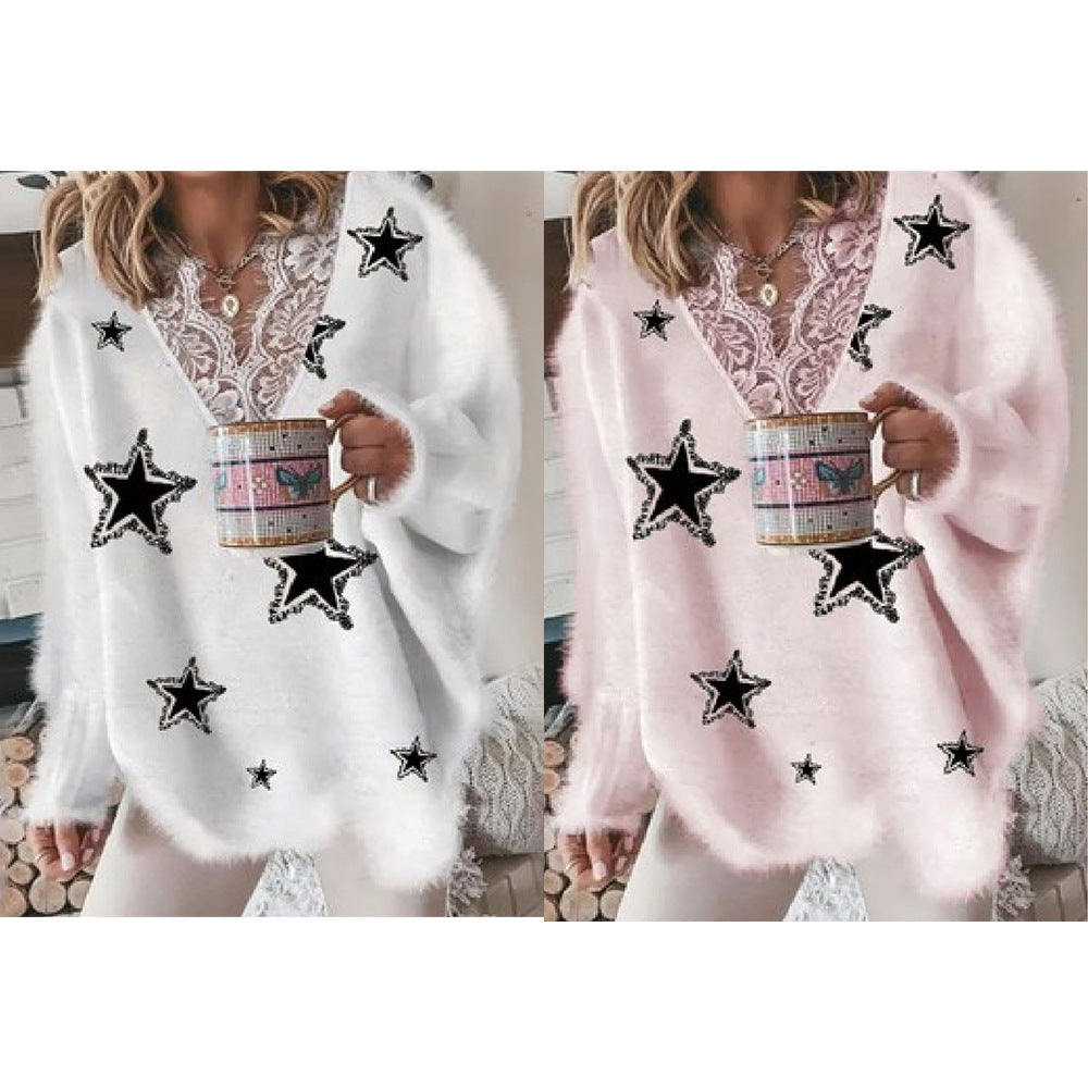 Women's Fashion V-neck Lace Pentagram Printed Knitted Jacket