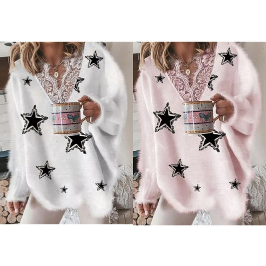 Women's Fashion V-neck Lace Pentagram Printed Knitted Jacket