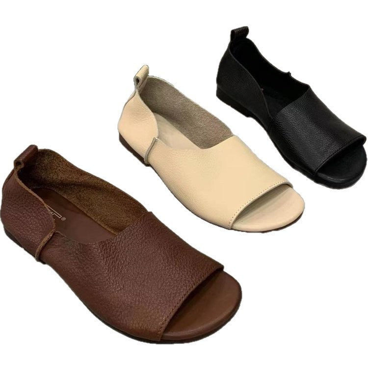 Retro Handmade Soft Leather Open-toe Fish-mouth Shoes With A Soft Sole