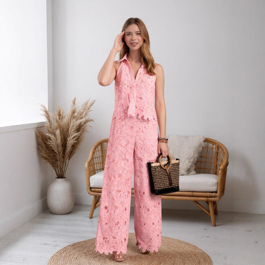 Fashion Hollow Lace Pants Two-piece Set Women