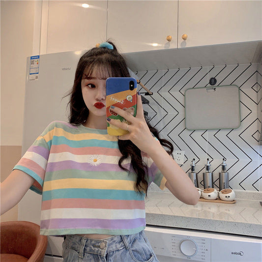 Colorful Stripe Short Sleeve Female Student Korean Loose Bf Spring Summer Top