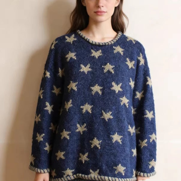Womens Retro Star Jacquard Loose Casual Contrast-Color Sweater Top