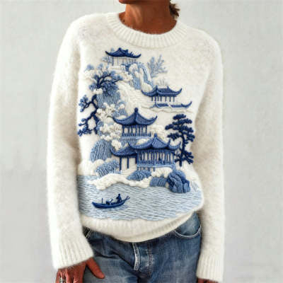Thick Needle Digital Printing 3D Round Neck Sweater