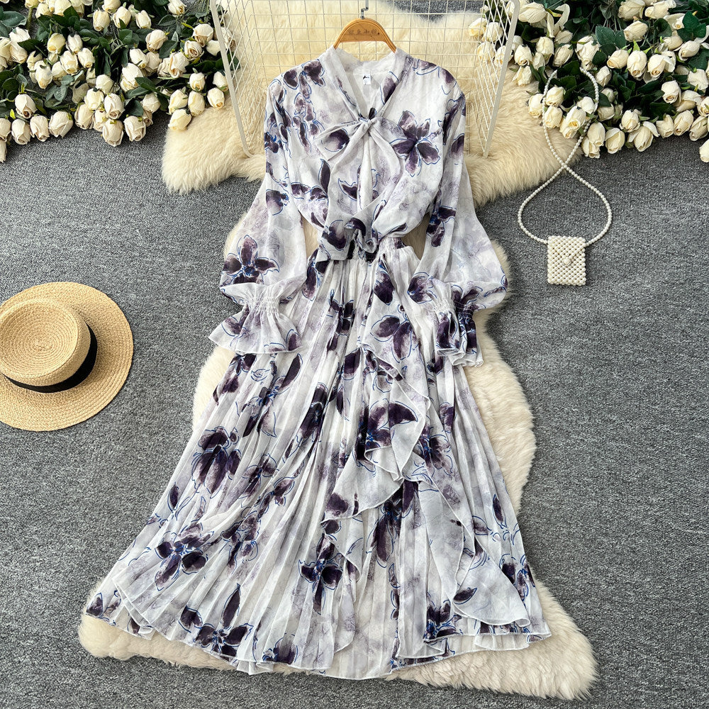 V-Neck Lace-Up Waist-Fitted Printed Chiffon Dress For Women