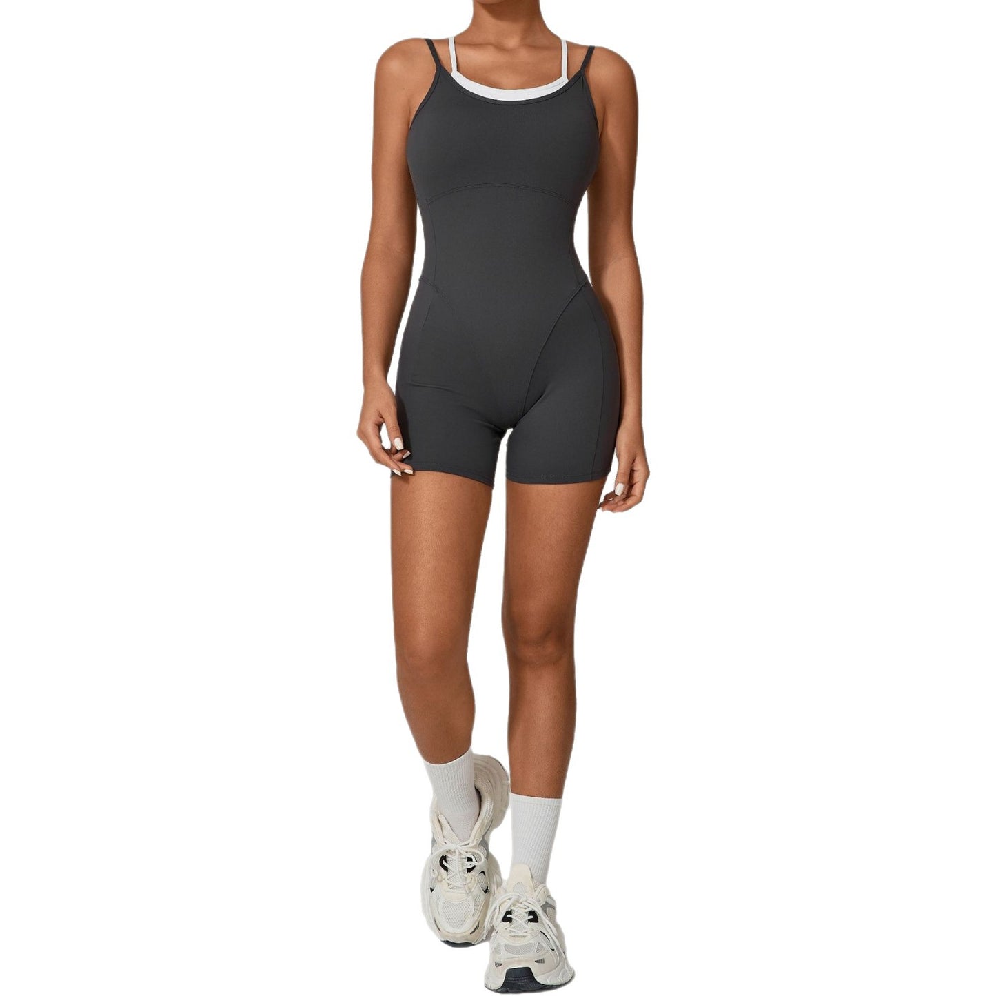 Autumn Sand Fake Two-piece Contrast Color Sling Sports Jumpsuit