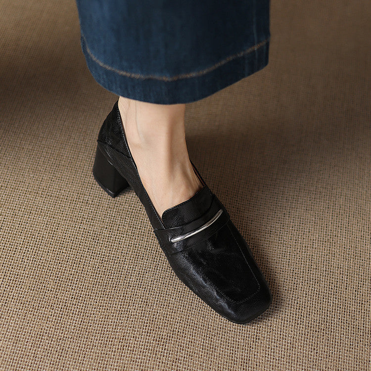 Womens Solid-color Square-toe Chunky-heel Sheepskin High Heels