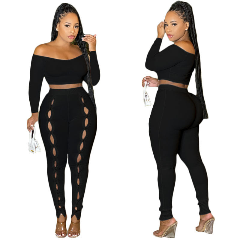 Solid Color One Line Shoulder Wispy Empty Crop Two-piece Set