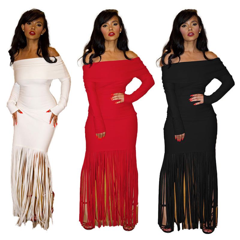Sexy Off-shoulder Elegant Figure-flattering Long-sleeve Tassel Sheath Dress
