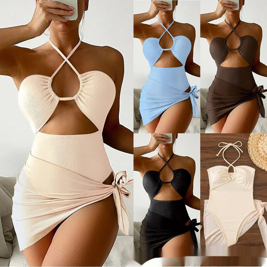 Multicolor Bikini Mesh Skirt Three Piece Womens Swimsuit