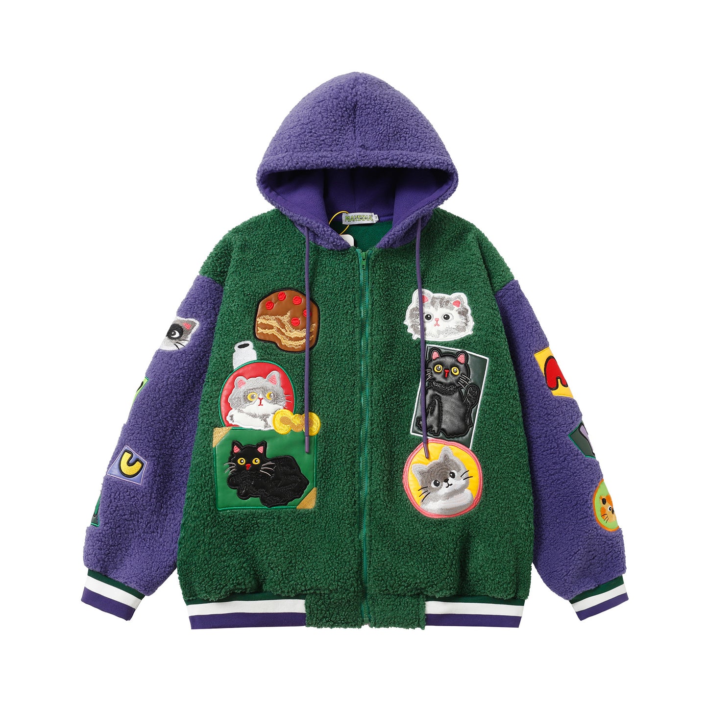 Lamb Wool Stitching Contrast Color Cartoon Cloth Embroidered Cotton-padded Coat
