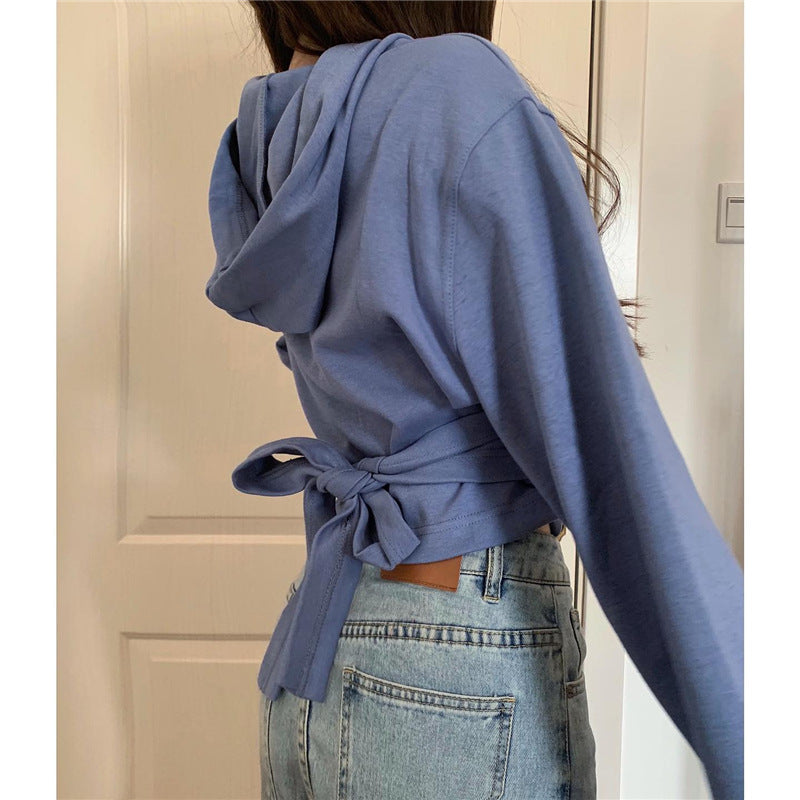 Nyt Fashion Ins Design Hættetrøje med Krydsrem og Kort Sweater