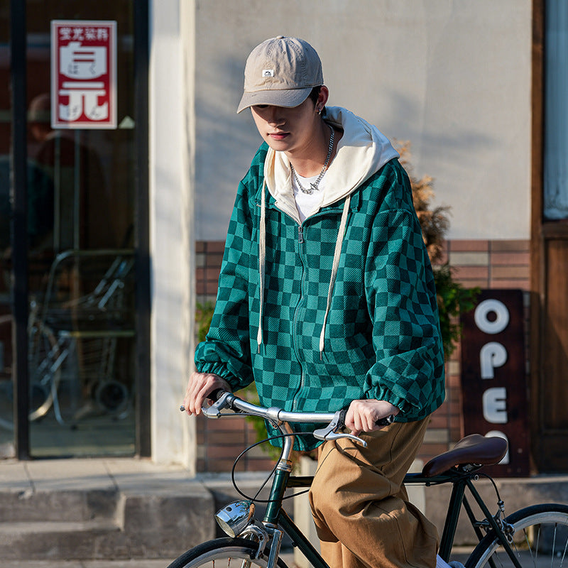 Men's Chessboard Plaid Printed Hooded Loose Casual Jacket