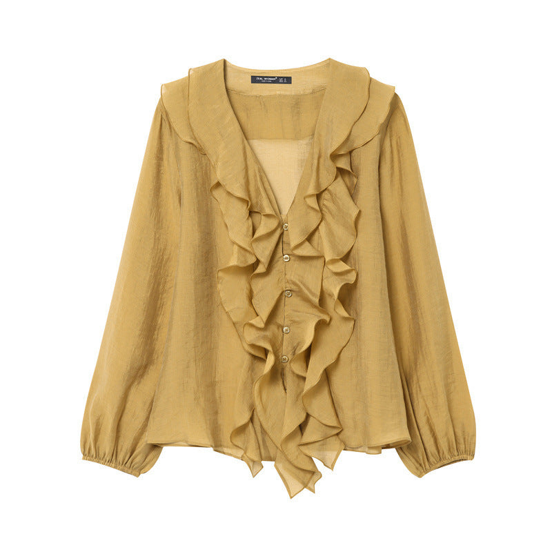 V-neck Laminated Ruffled Long Sleeve Casual Shirt