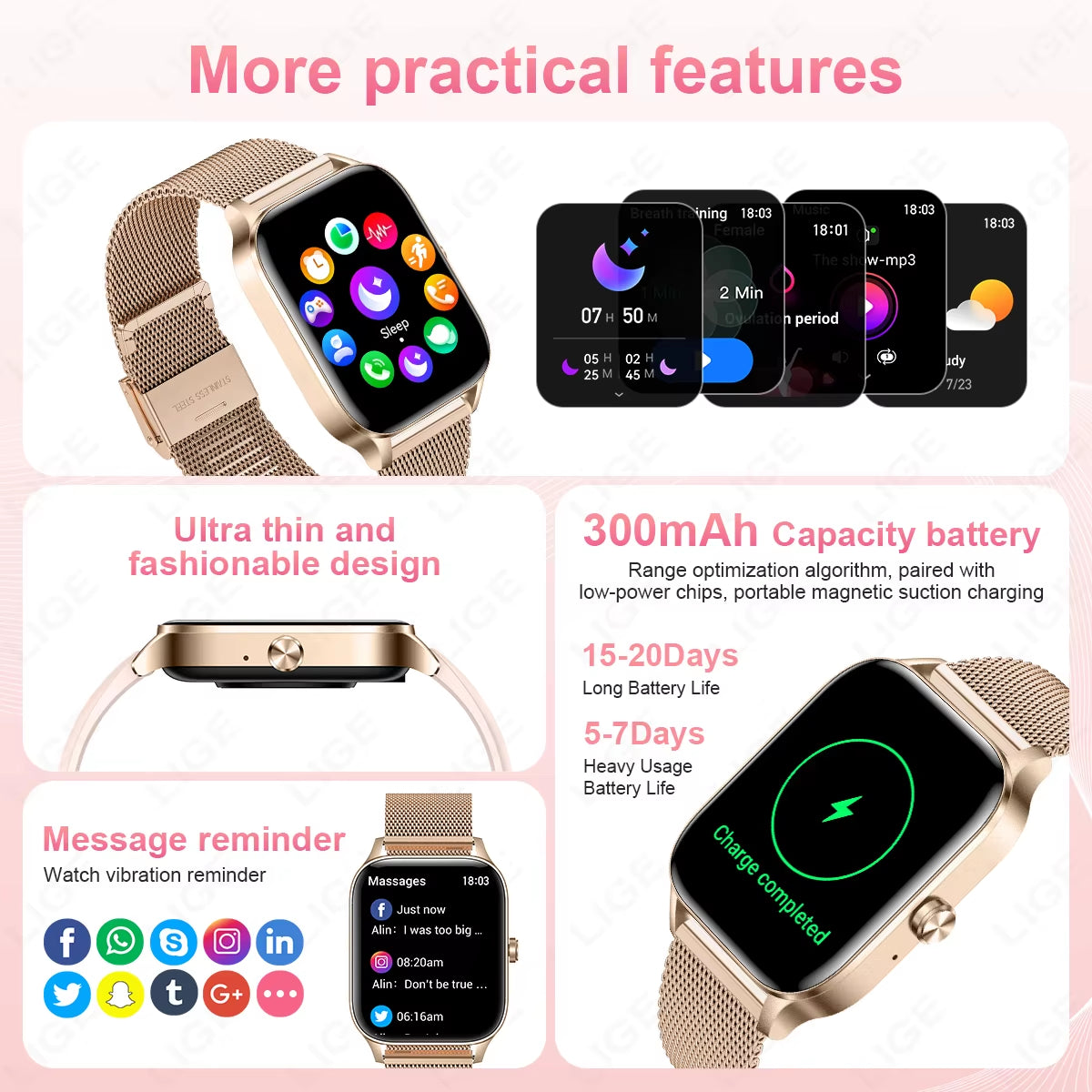 Fashion Smart Watch Women 1.85” HD Screen Custom Watch Face Women’S Health Monitor Watch Bluetooth Call Sports Smartwatches