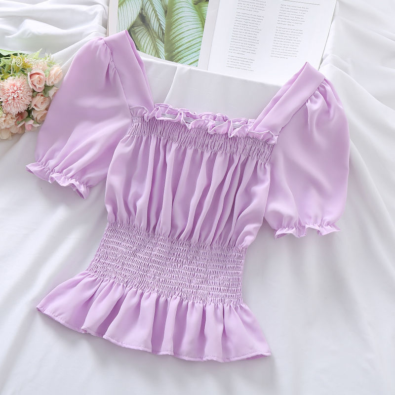 Summer New Design Sense Short Puff Sleeve Chiffon Shirt Women's Short Sleeve Square Collar Top