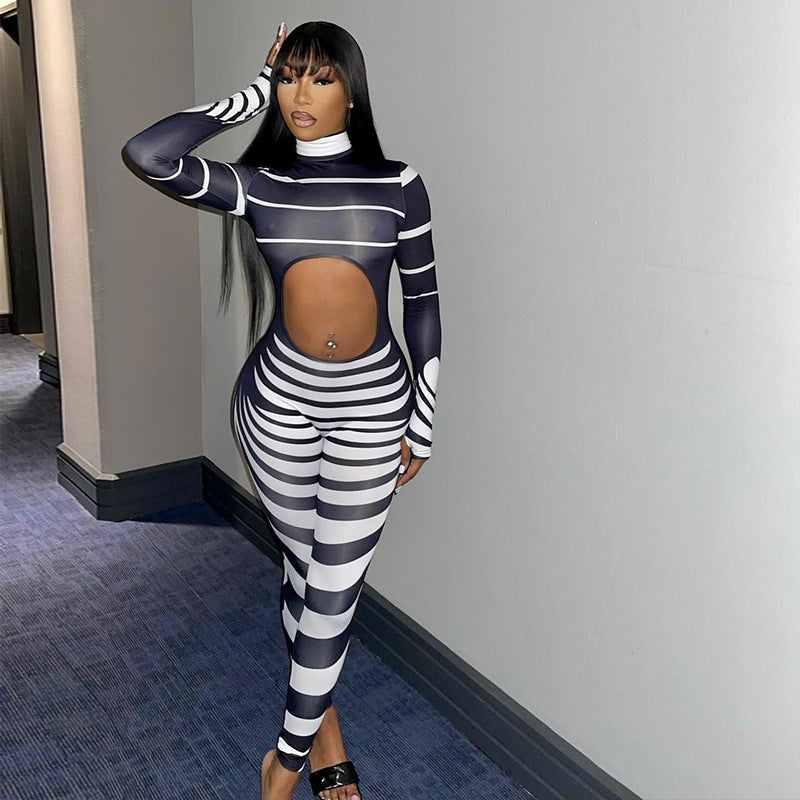 Women's Stand Collar Hollowed Out Print Long Sleeve Hip-lifting Bodysuit