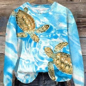 Kvinders Efterårs- og Vintertrends Digitaltrykt Rundhalset Sweater med Slidsede Skuldre og Lange Ærmer