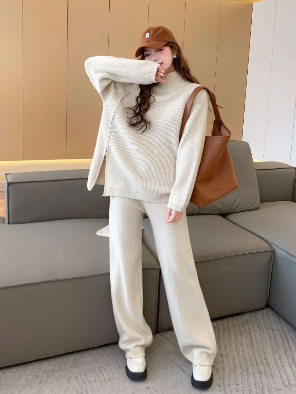 Women's Loose All-matching Pullover Knitted Wide-leg Pants Two-piece Suit