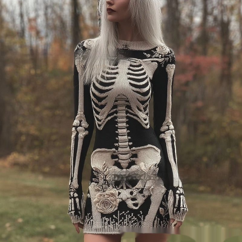 Fashionable Crew-Neck Sweater Dress With A Halloween Skeleton Print